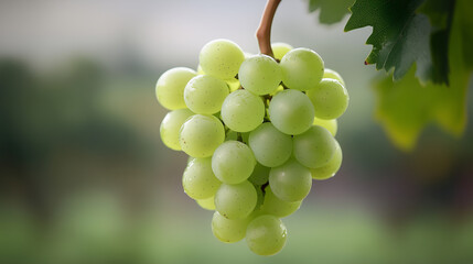 Wall Mural - Fresh green grapes hanging from vine, showcasing their plump and juicy appearance. vibrant color and natural setting evoke sense of freshness and health.