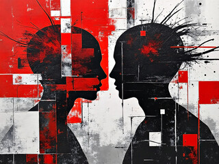 Abstract collage artwork with a silhouette of two people featuring red white and black color tones