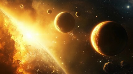 Wall Mural - a cinematic view of the sun and several planets orbiting it, bathed in golden light. the planet is d