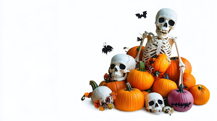Canvas Print - skeletons and pumpkins on white background.