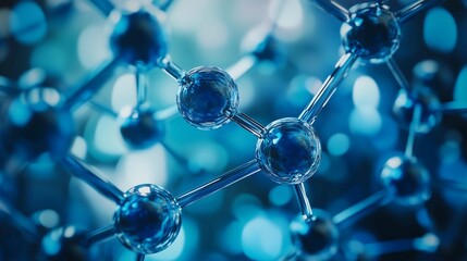 blue background with a complex carbon metal structure, close-up of carbon molecules in the foregroun