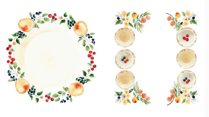 Wall Mural - Watercolor floral wreath with apples, berries and leaves on white background