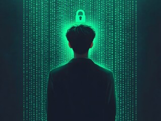 Poster - Mysterious Figure in Dark Suit Facing Digital Code and Lock Icon Representing Cybersecurity and Data Protection in a Futuristic Environment