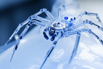 Poster - Robot spider crawling on a smooth surface in a futuristic lab