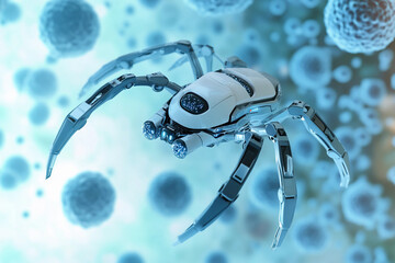 Poster - Detailed robotic spider exploring microscopic environment