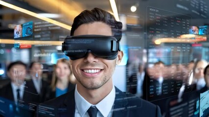 Poster - A man wearing VR glasses smiles in a tech-focused environment with data overlays.