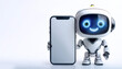 © SaddhaVisual - AI robot holding phone and showing on white screen of phone with smile and happy feeling on white