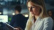 © iAmP - businesswoman analyzing financial data on a tablet in a bright office, space on the left side, Ambient Light,generative ai illustration