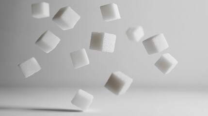 Poster - Falling white sugar cubes on light grey background represent sugar reduction and health risks of excessive consumption