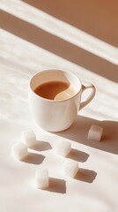 Aufkleber - White coffee cup surrounded by sugar cubes on a table, illuminated by soft light, prompts reflection on sugar intake and health choices