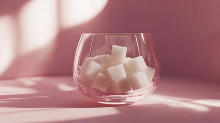 Aufkleber - Promoting awareness about sugar reduction, a glass filled with sugar cubes symbolizes excessive sugar intake and its potential health risks, set against a soft pink backdrop with gentle shadows