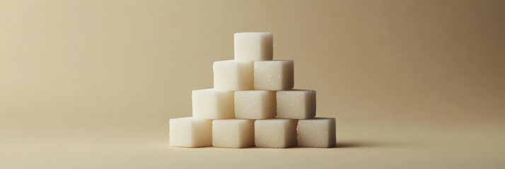 Poster - Pyramid of white sugar cubes sits on a beige background, symbolizing the concept of sugar reduction and promoting a low sugar or sugar free lifestyle for better health
