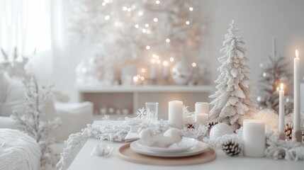 Poster - A white room with a Christmas tree and candles on a table