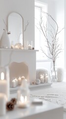 Poster - A white room with a fireplace and a vase of white flowers