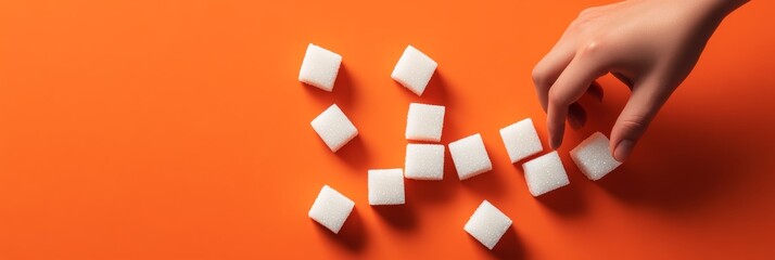 Poster - Hand removes sugar cubes from a vibrant orange surface, symbolizing sugar reduction, a low sugar lifestyle, and the health risks associated with excessive sugar consumption