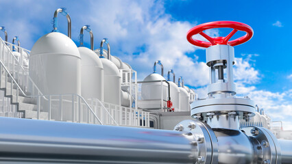 Poster - petrochemical industry. exterior of gasoline production factory. petrochemical plant under blue sky.