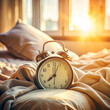 © AIRina - Vintage alarm clock resting on a cozy bed with sunlight streaming through a window, symbolizing a peaceful morning awakening.