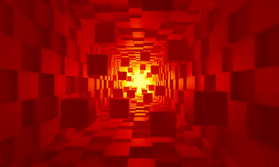 Poster - Red background. Scarlet three-dimensional cubes. Geometric backdrop. Background with light at end of tunnel. Red wallpaper. Texture for design. Volumetric pattern. Geometric background. 3d image