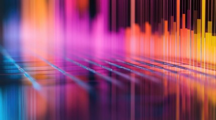 Poster - Abstract Visual Representation of Colorful Sound Waves with Vibrant Bars and Reflections on a Dark Surface, Illustrating Music and Technology Concepts