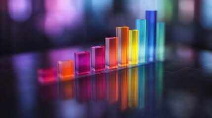 Poster - Colorful Abstract Bar Graph Illustration with Reflection on Dark Surface, Representing Data Analysis, Growth, and Success in Business or Technology Contexts