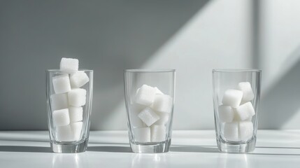 Poster - Three glasses containing progressively decreasing amounts of sugar cubes are standing on a white surface, symbolizing sugar reduction, no added sugar, and a low sugar or sugar free lifestyle