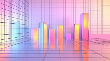  - Abstract 3D Bar Graph with Bright and Colorful Reflections on a Grid Background, Perfect for Data Visualization, Business, and Technology Themes