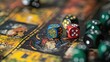 © Suphawan - Close-up of vibrant game pieces and dice on a classic board, creating an inviting scene for players.