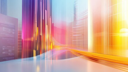 Poster - Vibrant Abstract Composition with Flowing Lines and Colorful Stripes Reflecting Modern Technology and Dynamic Energy in an Urban Environment