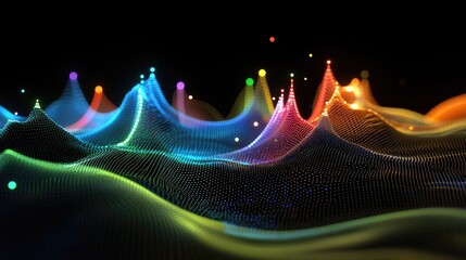Poster - Vibrant Abstract Waveforms with Colorful Light Representation in a Dark Background for Artistic and Technology Concepts