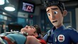 © TopMedia - Emergency Rescuer in Action: Animated Scene of a Paramedic Attending to Injury in a Modern Hospital Environment with High-Tech Equipment