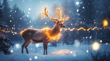 Poster - A large deer, decorated with warm, golden lights, stands in a snowy forest under a falling snow