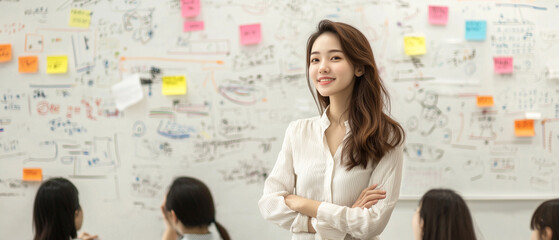Poster - confident young woman stands in front of whiteboard filled with colorful notes and diagrams, leading brainstorming session with group of colleagues