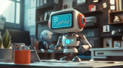Poster - Cute retro robot with a screen displaying data trends, seated at a modern desk in a colorful workspace with plants and toys, showcasing creativity and technology.
