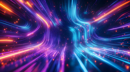 cycled 3d animation. Abstract background with ascending colorful neon lines, glowing trails