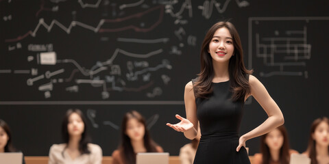 Aufkleber - confident young woman leads business meeting, standing in front of chalkboard filled with graphs and charts, engaging her attentive team