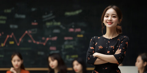Poster - confident young businesswoman stands in front of team during meeting, with chalkboard displaying graphs and notes in background. Her poised demeanor reflects leadership and professionalism