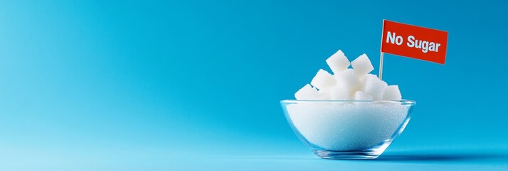 Poster - Glass bowl full of refined sugar with a red flag reading no sugar symbolizing sugar reduction, healthy nutrition, and low sugar lifestyle changes for better health