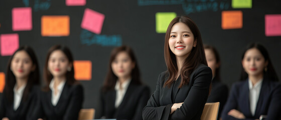 Aufkleber - confident young businesswoman leads team discussion in modern office, with colorful sticky notes on blackboard in background. team is focused and attentive