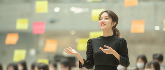 Poster - young Asian businesswoman leads team discussion with enthusiasm, surrounded by colorful sticky notes in modern office setting