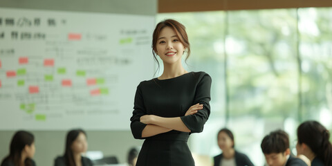 Aufkleber - confident young businesswoman stands in modern office, smiling as she presents ideas to her team. bright and collaborative environment enhances professional atmosphere