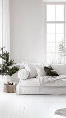 Poster - A white couch with a green pillow sits in front of a Christmas tree