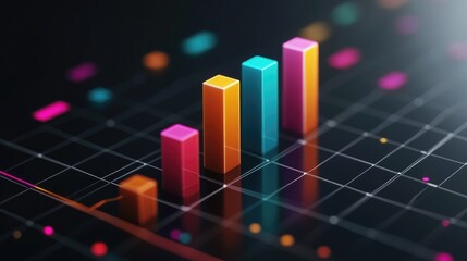 Poster - Colorful Bar Graph Representing Data Growth with Neon Accents on a Dark Background, Ideal for Business, Finance, and Technology Illustrations in Stock Photography