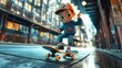 © TopMedia - Energetic Cartoon Character Riding Skateboard in Urban Street Setting with Vibrant City Lights Reflecting on Wet Pavement at Dusk