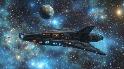 Wall Mural - futuristic spaceship gliding through colorful deep space with distant earth in background, showcasin