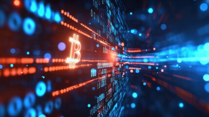 Poster - Futuristic Digital Concept Representing Blockchain Technology with Bitcoin Symbol and Glowing Binary Data Streams in Blue and Orange Colors