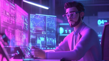 Poster - Cybernetic Analyst Working in High-Tech Control Room Surrounded by Monitors Displaying Data and Graphs in a Modern Futuristic Environment