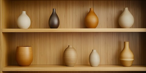 Sticker - A collection of minimalist ceramic vases displayed on wooden shelves, showcasing a variety of shapes and earthy tones.