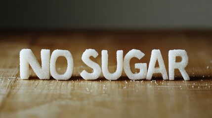 Poster - Granulated white sugar crystals forming the words no sugar on a wooden table represent sugar reduction, no added sugar, and a low sugar lifestyle