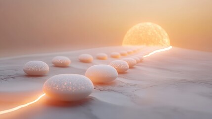 Poster - A Serene Path of Glossy White Stones Leading Towards a Rising Sun on a Soft Horizon, Symbolizing Journey, Tranquility, and New Beginnings in a Dreamy Landscape