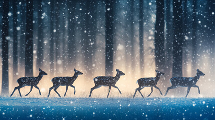 Poster - Five deer walk through a snowy forest